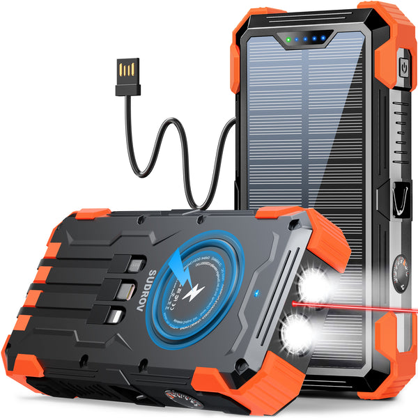 SUDROV Large Capacity Solar Power Bank PN-W33A(42,800mAh, 15W, Wireless Charger, in-Cable)